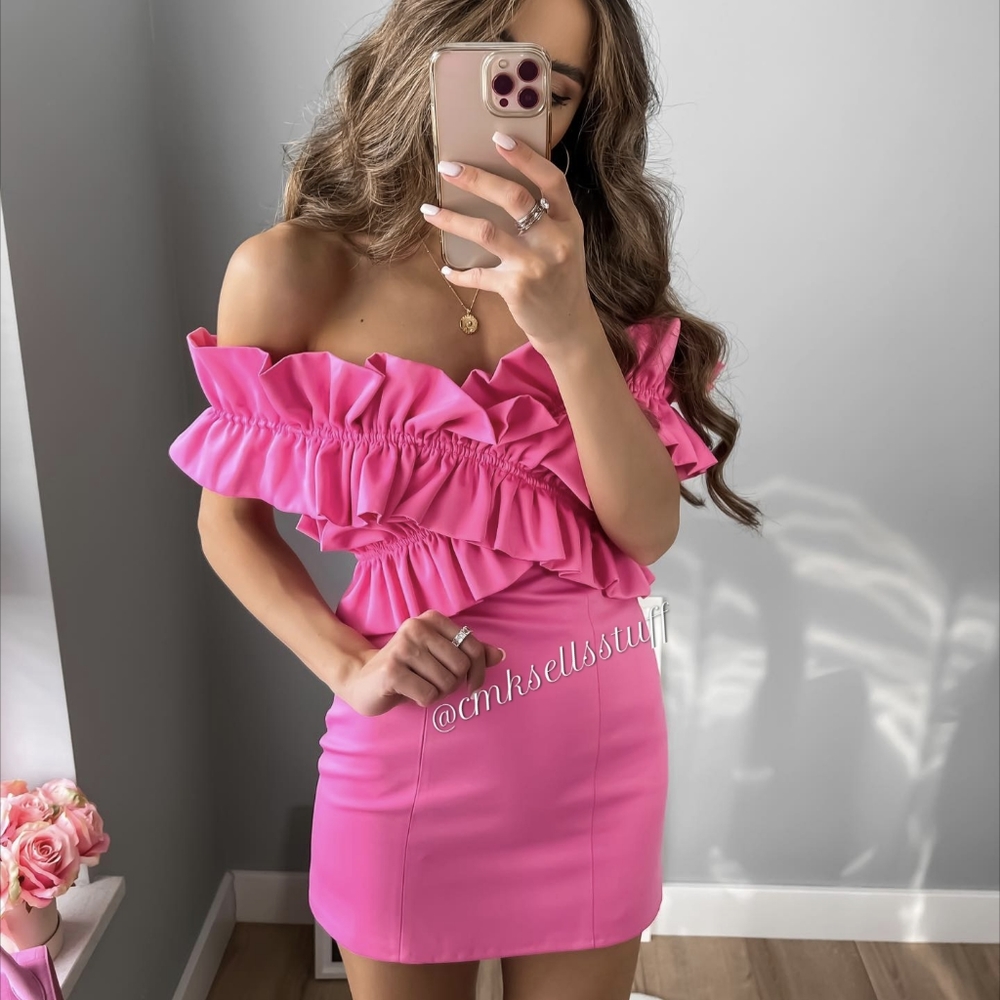 ZARA NWT VOLUMINOUS RUFFLED MINI DRESS PINK S